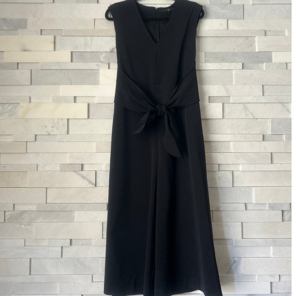 TIBI Black Bow V-Neck Front Tie Cropped Wide Leg Jumpsuit 4 Black Minimalist